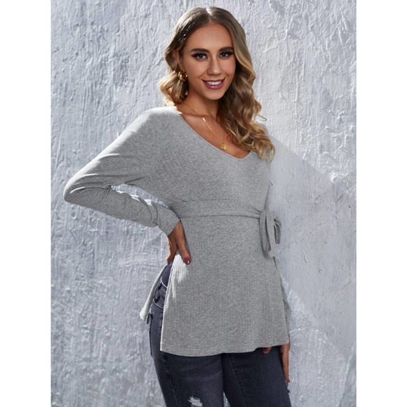 Maternity Solid Split Hem Belted Tee - Picture 5 of 5